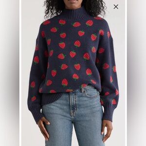 Bobeau Navy Mock Neck Strawberry 🍓 Pattern Sweater Size large New with tags!